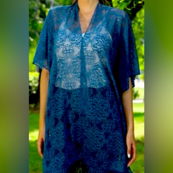 Blue Denim Lace Kimono with Fringe, Open Front, OSFM -Missy Size - Picture 2 of 3